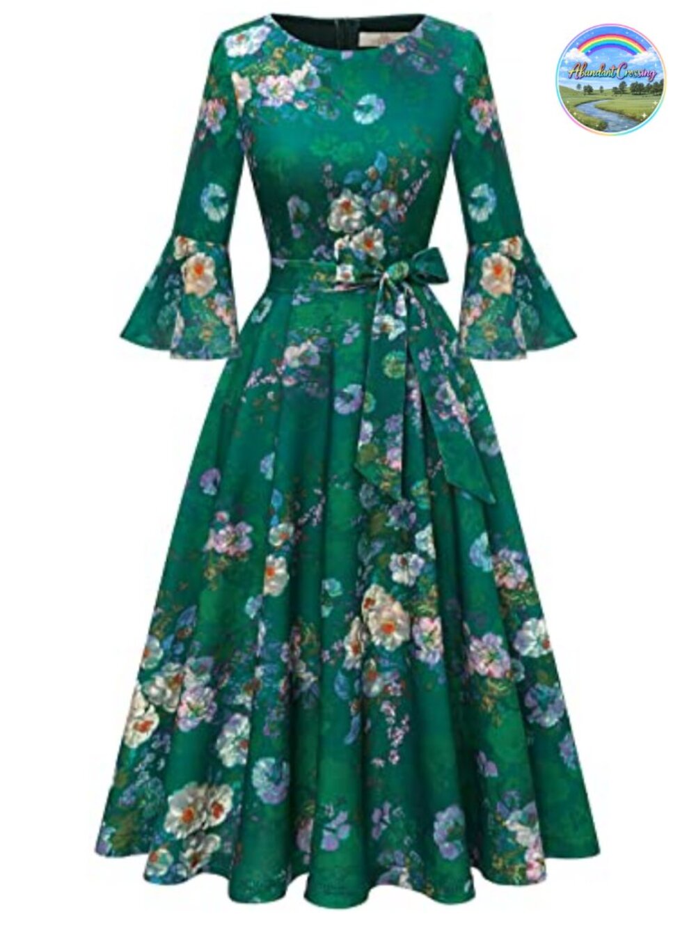 Vintage Church Tea Party Midi Dress Bell Sleeve A-Line Flare
